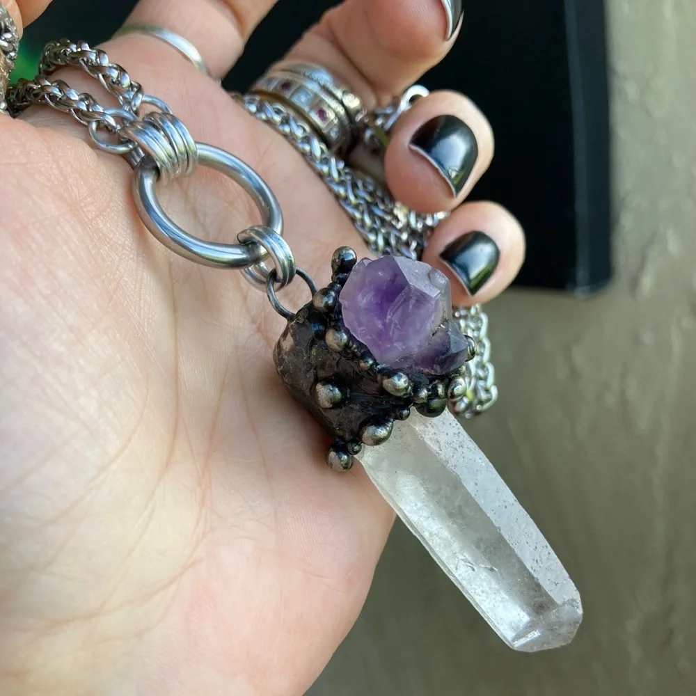 Natural raw purple amethyst &  crystal quartz gemstone boho charm necklace - Picture 10 of 16